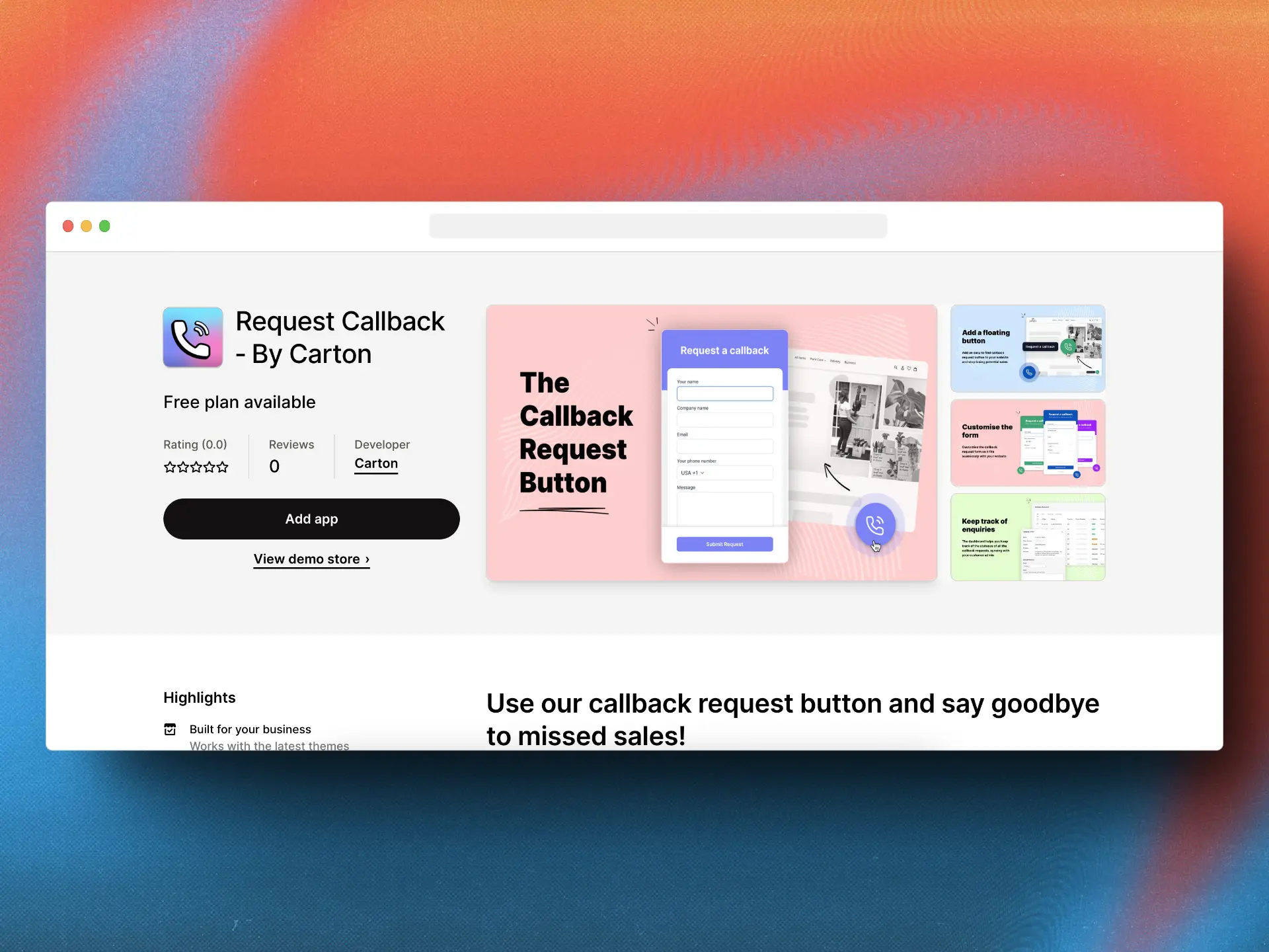 Request Callback byCarton shopify app
